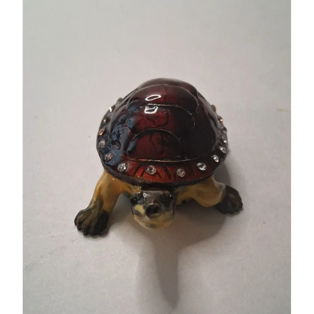 Metal Brass Enameled Turtle Trinket Box with Rhinestones Hinged Shell Lid Nice!